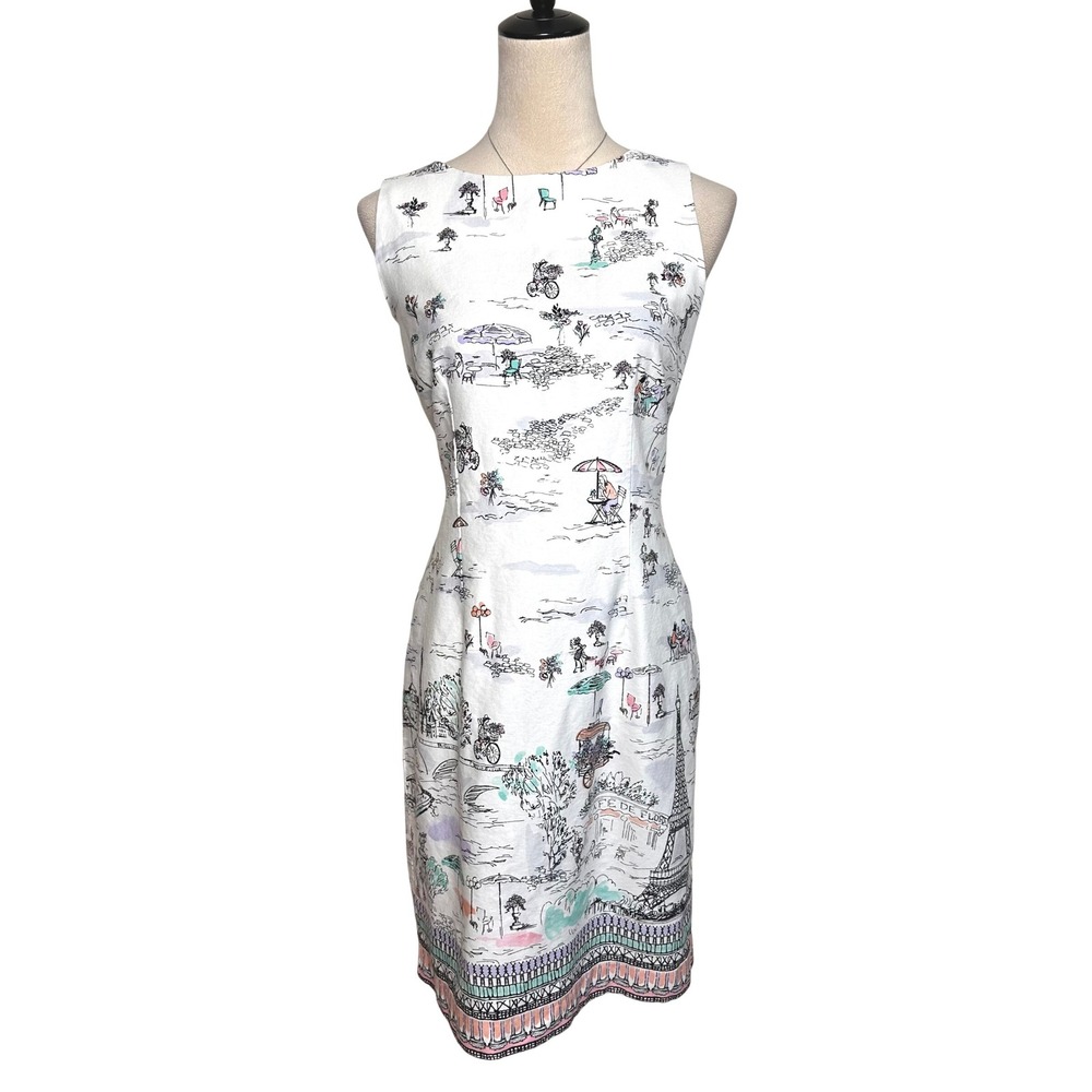 Chetta B Parisian Scenic Print Kitsch Sheath Dress 10 Euro Chic Preppy Travel